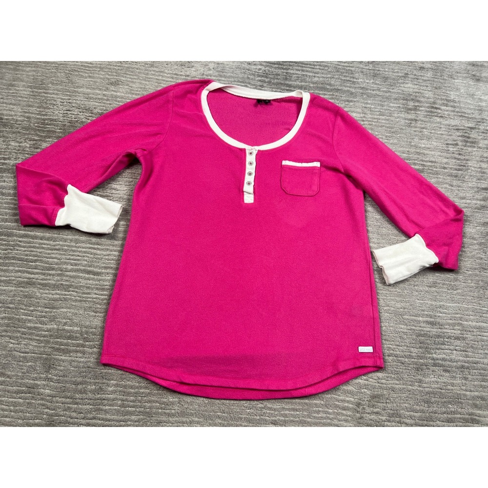 Kensie Henley Top Womens Large Pink Fleece Long Sleeve Contrast Trim Loungewear